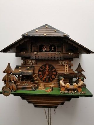 Vintage German Cuckoo Clock,  Chalet w/Water wheel,  beer drinkers & dancers 2