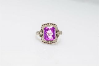 Antique 1920s French Cut 5ct Natural Amethyst 14k White Gold Filigree Ring