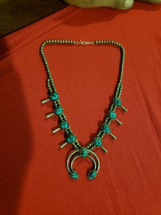 Vintage Sterling Silver Huge Navajo Squash Blossom Turquoise Necklace Signed Nk