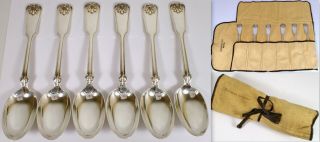 6 Vtg Tiffany & Co Shell & Thread 1905 Sterling 7 1/8 " Oval Dessert Spoon Set