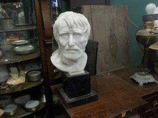 Vintage Hand Carved White Marble Bust Of Historical Figure On Base