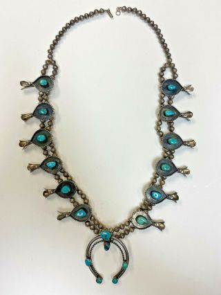 Vintage Navajo 26” Squash Blossom Turquoise Sterling Old Pawn Necklace
