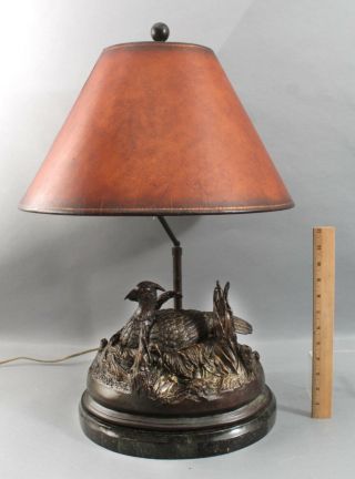 Authentic Maitland Smith Bronze Pheasant & Nest Figural Lamp,  Leather Shade
