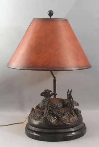 Authentic Maitland Smith Bronze Pheasant & Nest Figural Lamp,  Leather Shade 2