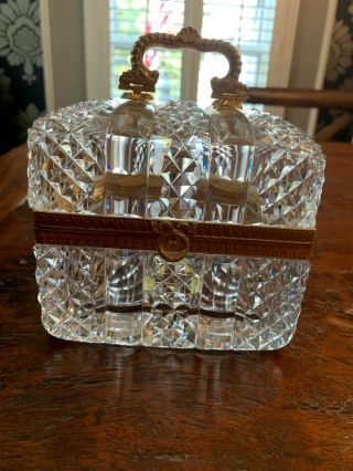 Vintage Diamond Cut Lead Crystal Ormolu Hinged Jewelry Casket Dresser Box