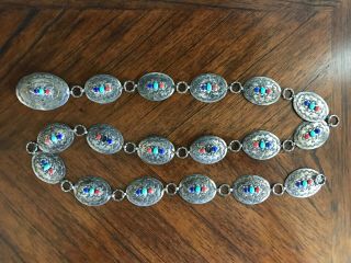 Vintage Navajo Sterling Silver Turquoise Coral & Lapis Concho Belt 41 "