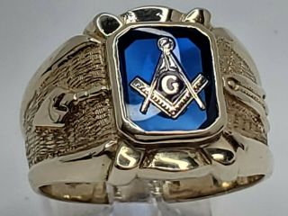 Mens 14k Solid Yellow Gold Blue Sapphire Masonic Freemason Vintage Ring Size 8.  5