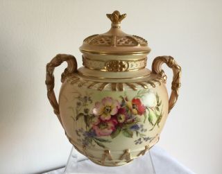Vintage Royal Worcester Blush Ware Reticulated Lidded Pot Hand Painted Flowers