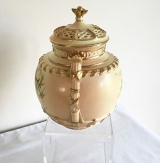 Vintage Royal Worcester Blush Ware Reticulated Lidded Pot Hand Painted Flowers 2