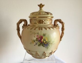 Vintage Royal Worcester Blush Ware Reticulated Lidded Pot Hand Painted Flowers 3