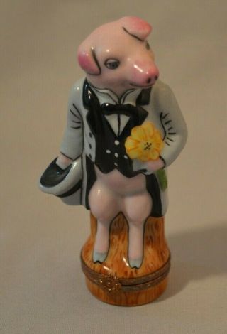 Vintage Limoges French Figural Trinket Box - Standing Pig In Suit And Top Hat