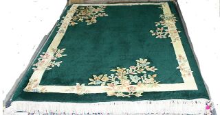 Vintage Chinese Aubusson Hand Made Woven Knotted All Wool Designer Rug Green 6x9