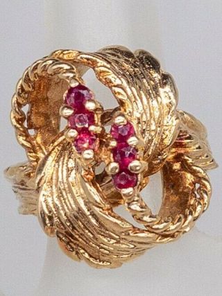 Vintage 1960s $3000 Love Knot Palm Leaf 14k Yellow Gold Natural Ruby Ring Big 8g