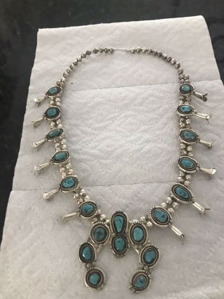 Vintage Navajo Turquoise Silver Squash Blossom Necklace