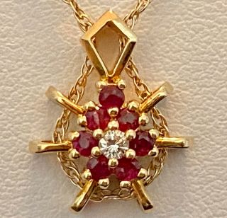 Vintage Diamond No Heat Ruby 14k Yellow Gold Pendant Necklace With Chain