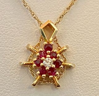 Vintage Diamond No Heat Ruby 14k Yellow Gold Pendant Necklace With Chain 3