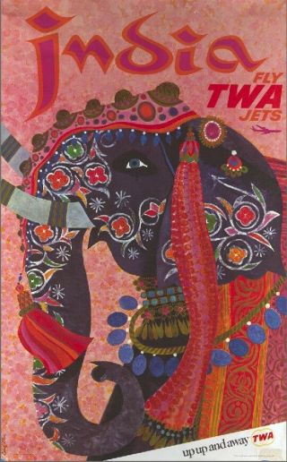 Vintage 1960s Airline Travel Poster Fly Twa India Elephant David Klein