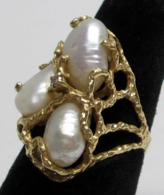 Vintage 14k Gold Pearl & Diamond Brutalist Modernist Cocktail Ring Size 7 6.  8g
