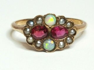 Antique European Victorian 10k Rose Gold Rubies Opals & Seed Pearls Ring