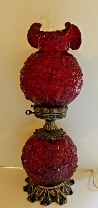 Vintage Fenton Art Glass Ruby Red Poppy Gone With The Wind Electric Lamp 23 "