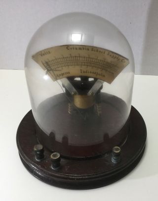 Antique Vintage Columbia School Supply Volt Amp Meter W/ Glass Dome,  Wood Base