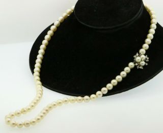 Vintage 14k Wg.  73ctw Vs Diamond 9mm Pearl Strand Necklace W/ Flower Clasp