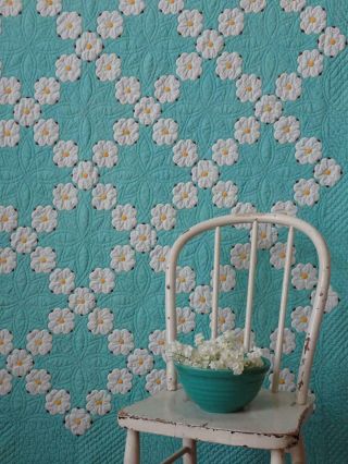 Stunning Vintage 30s Turquoise Green & White Dogwood Blossoms Applique Quilt 89x
