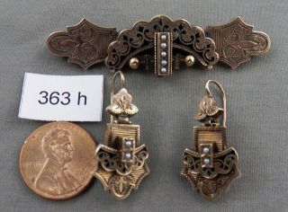 Antique Victorian Solid Gold & Seed Pearl Pin Brooch & Earrings Set