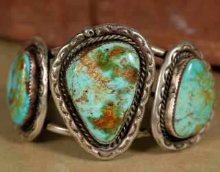 Rustic 3 Stone Turquoise Navajo Old Pawn Vintage Sterling Silver Cuff Bracelet