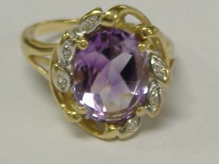 Vintage Solid 14 K Gold Natural Amethyst And Diamond Accent Ring Size 9