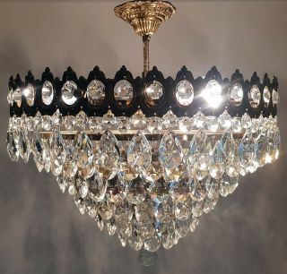 Antique Vintage Brass & Crystals Low Ceiling French Large Chandelier Lighting