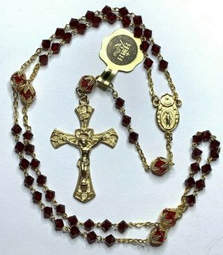 † Old Stock Nwt Vintage Gold Over Sterling Unique Red Glass Tiny Rosary18 3/4 " †