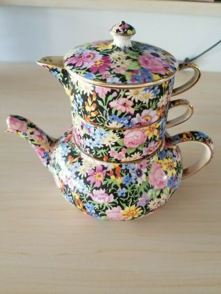 Royal Winton Balmoral Mini Tea Pot Creamer Sugar 3 Piece Stacking Set Vintage