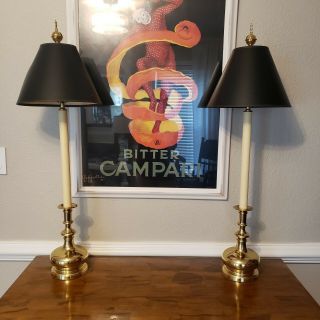 Pair Vintage Chapman Brass Black Shades Buffet Candlestick Lamps 80s