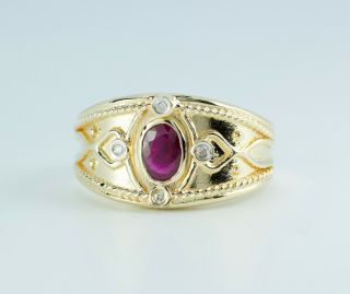 Vintage 14k Yellow Gold Bezel Set Red Ruby And Round Diamond Ring Size 8.  5