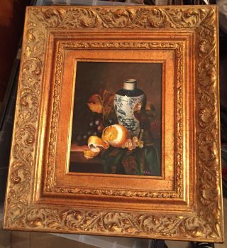 Vtg Oil Painting Still Life Vase Wine Grape Ornate Gold Gilded Victorian Frame