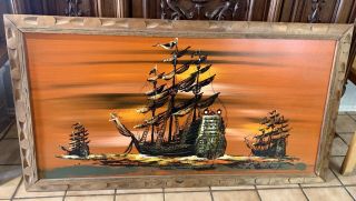 Vintage Van Gaard Style Ship Galleon Drip Art Painting Mid Century Mod Signed