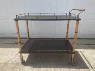 Vintage Modern Faux Bamboo Maxwell Phillips Bar Cart In Brass & Black Lacquer