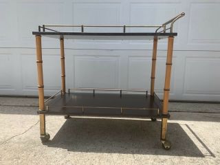 Vintage Modern Faux Bamboo Maxwell Phillips Bar Cart In Brass & Black Lacquer 2