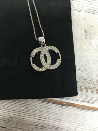 Vintage Authentic Chanel Black Crystal Logo Pendant And Necklace Chain Jewelry