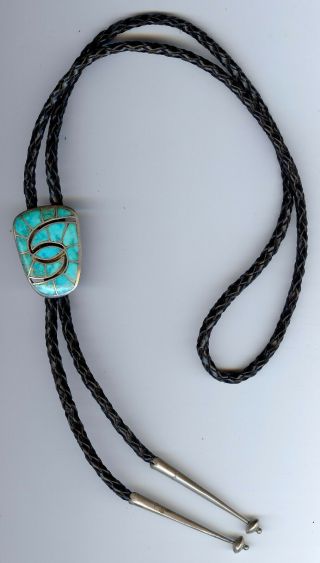 Quandelacy Vintage Zuni Indian Sterling Silver Channel Inlaid Turquoise Bolo Tie