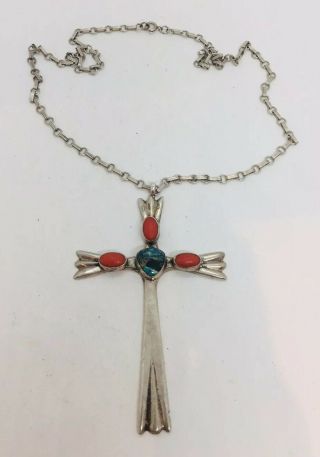 Vintage Navajo Native American Sterling Silver Coral & Turquoise Cross Necklace