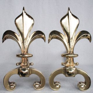 Vintage French Brass Fleur De Lis Fireplace Andirons Hollywood Regency 12.  25”