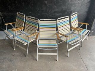 Set Of 5 Vintage Folding Aluminum Lawn Chairs Pool Yard Vinyl Straps