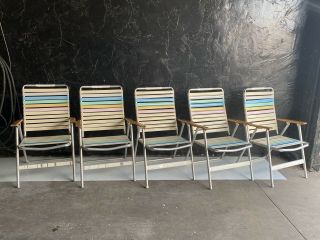 Set Of 5 Vintage Folding Aluminum Lawn Chairs Pool Yard Vinyl Straps 3