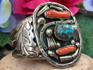 Large 85 Gram Vintage Old Pawn Navajo Turquoise Coral Sterling Cuff Bracelet