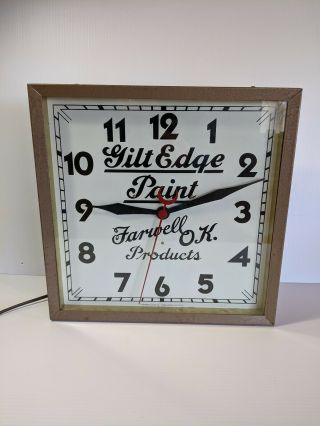 Vintage Gilt Edge Paints Advertising Display Clock Farwell Ok Products 15 "