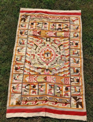Vintage Huge Aztec Mayan Woven Wool Wall Art Calendar Symbols Blanket Rug Native