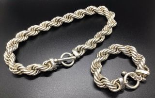 Vintage Rope Chain 950 Heavy Mexican Silver Necklace & Bracelet 378 Grams Total