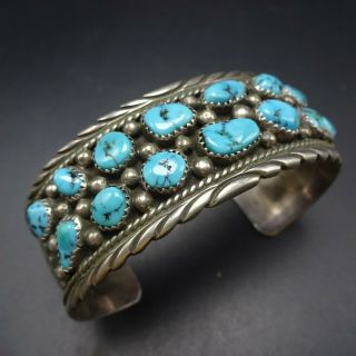 Vintage Navajo Sterling Silver Blue Kingman Turquoise Cluster Row Cuff Bracelet